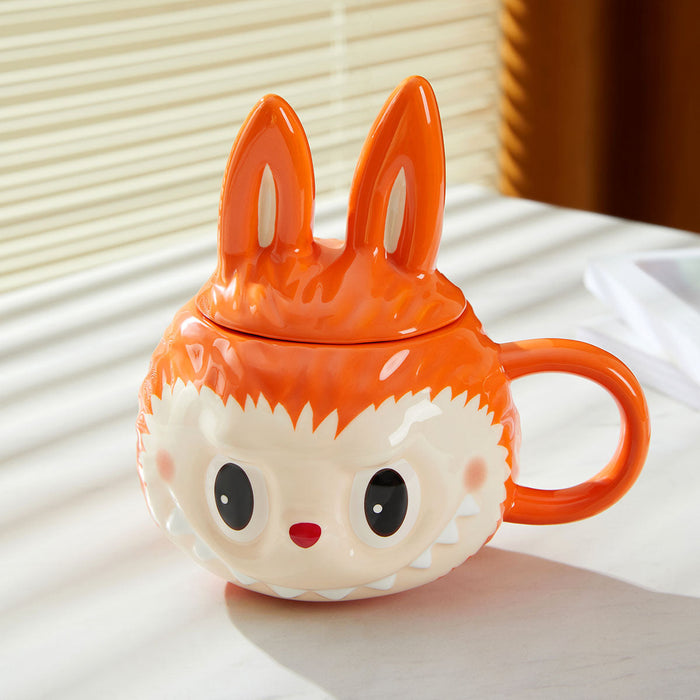 Labubu Cartoon Shaped Profiled Mug With Lid Bunny Ear Ceramic Cup